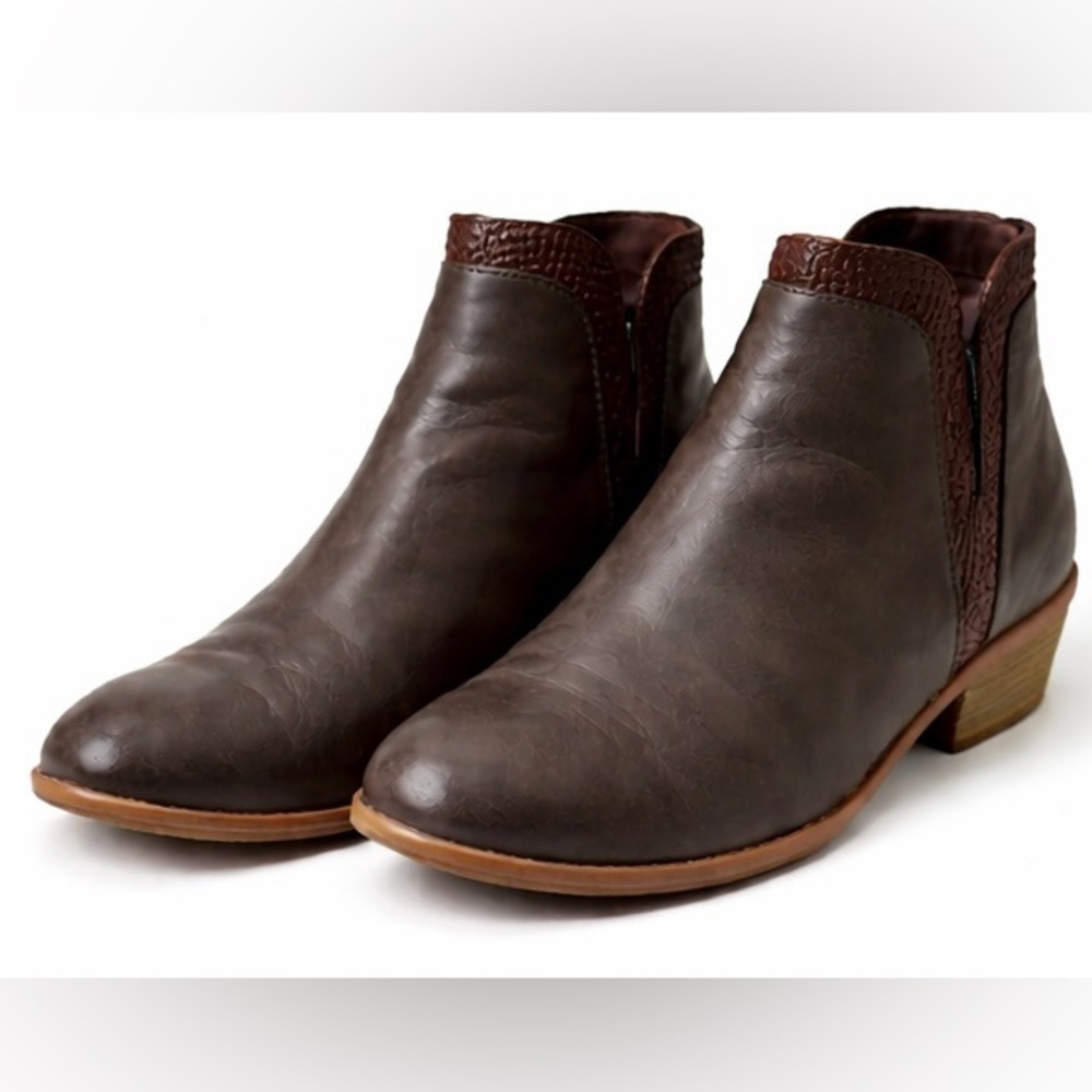 SDONY Size 7 Brown Ankle Boots Women’s Low Chunky Heel Faux Leather Zip Booties
